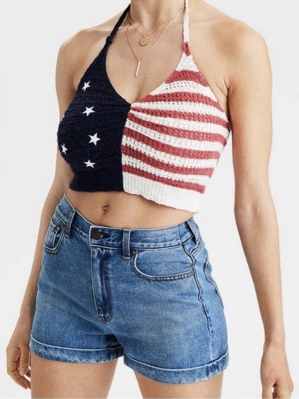 American Flag 🇺🇸 American Eagle Outfitters Flag Halter Crochet Crop Top